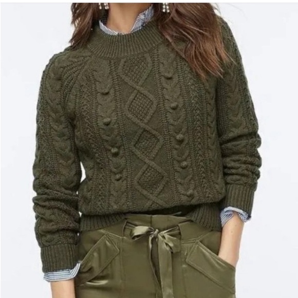 J. Crew Ezra Cable Knit Pom-Pom Crewneck Sweater Boho Grandpa Army Green XS - Picture 9 of 9